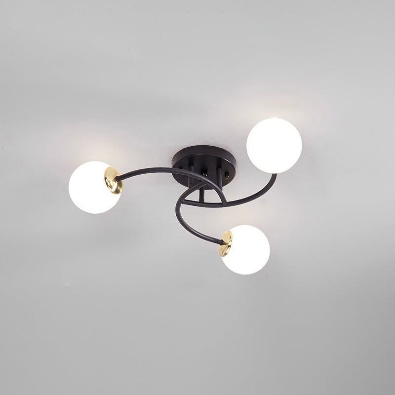 Swirled Metal Semi Flush Light Post-Modern Close to Ceiling Light with Ball Glass Shade