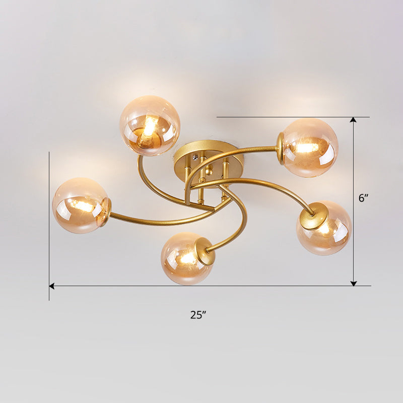 Swirled Metal Semi Flush Light Post-Modern Close to Ceiling Light with Ball Glass Shade