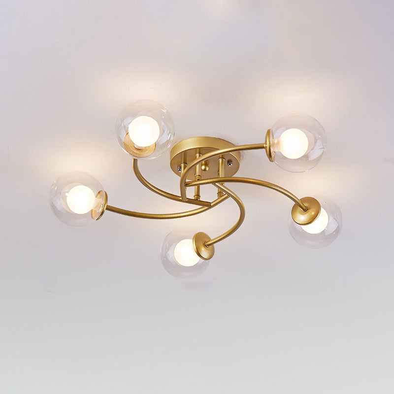 Swirled Metal Semi Flush Light Post-Modern Close to Ceiling Light with Ball Glass Shade