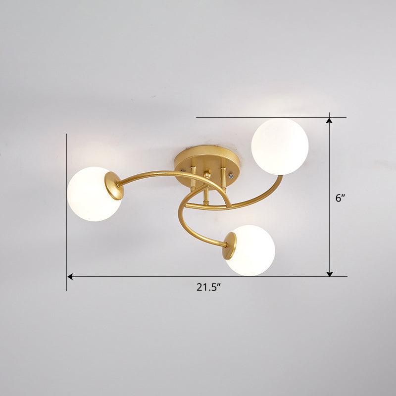 Swirled Metal Semi Flush Light Post-Modern Close to Ceiling Light with Ball Glass Shade