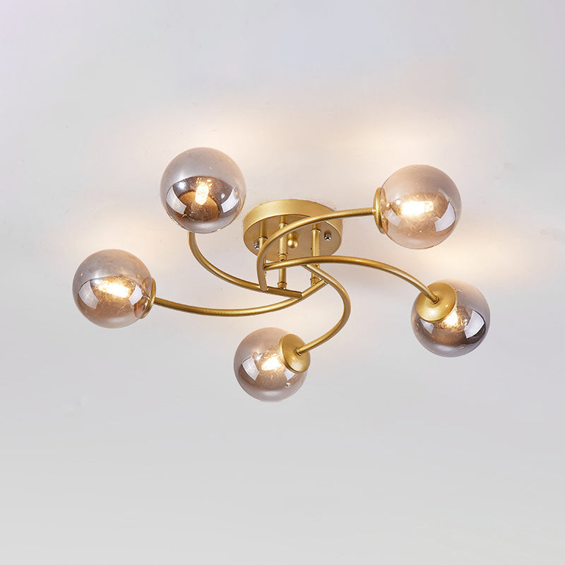 Swirled Metal Semi Flush Light Post-Modern Close to Ceiling Light with Ball Glass Shade