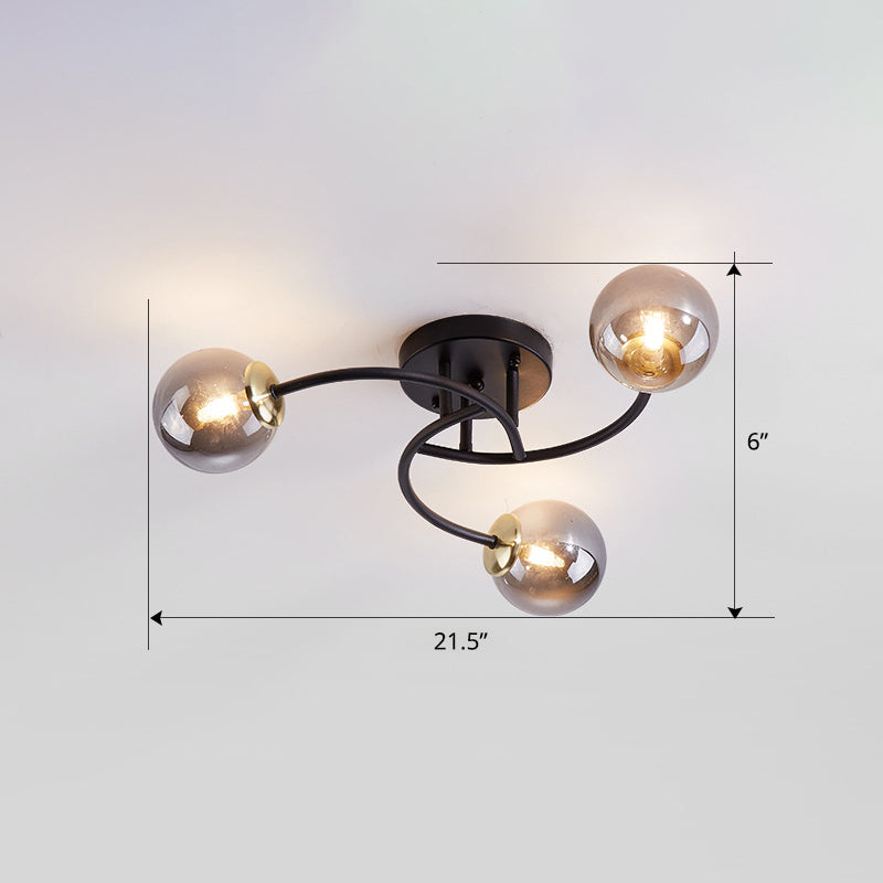 Swirled Metal Semi Flush Light Post-Modern Close to Ceiling Light with Ball Glass Shade