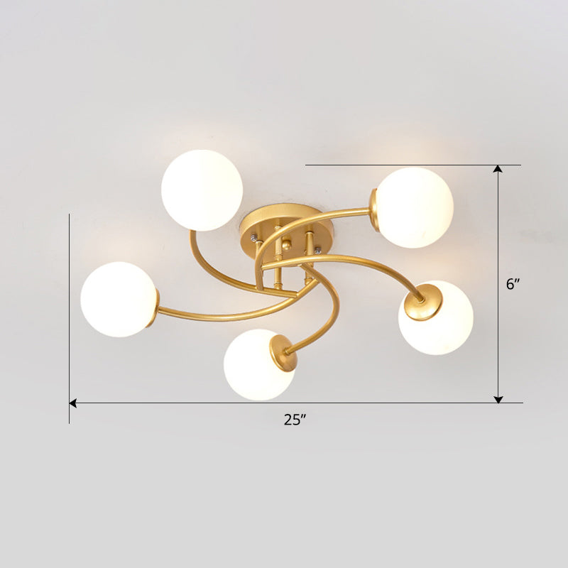 Swirled Metal Semi Flush Light Post-Modern Close to Ceiling Light with Ball Glass Shade