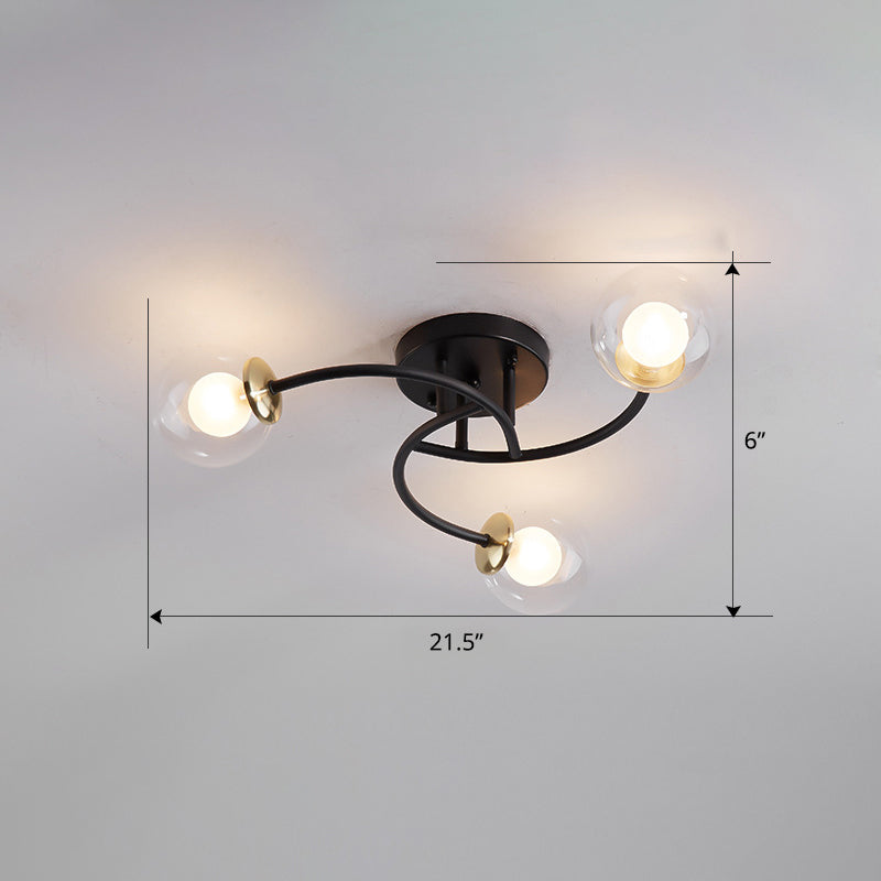 Swirled Metal Semi Flush Light Post-Modern Close to Ceiling Light with Ball Glass Shade