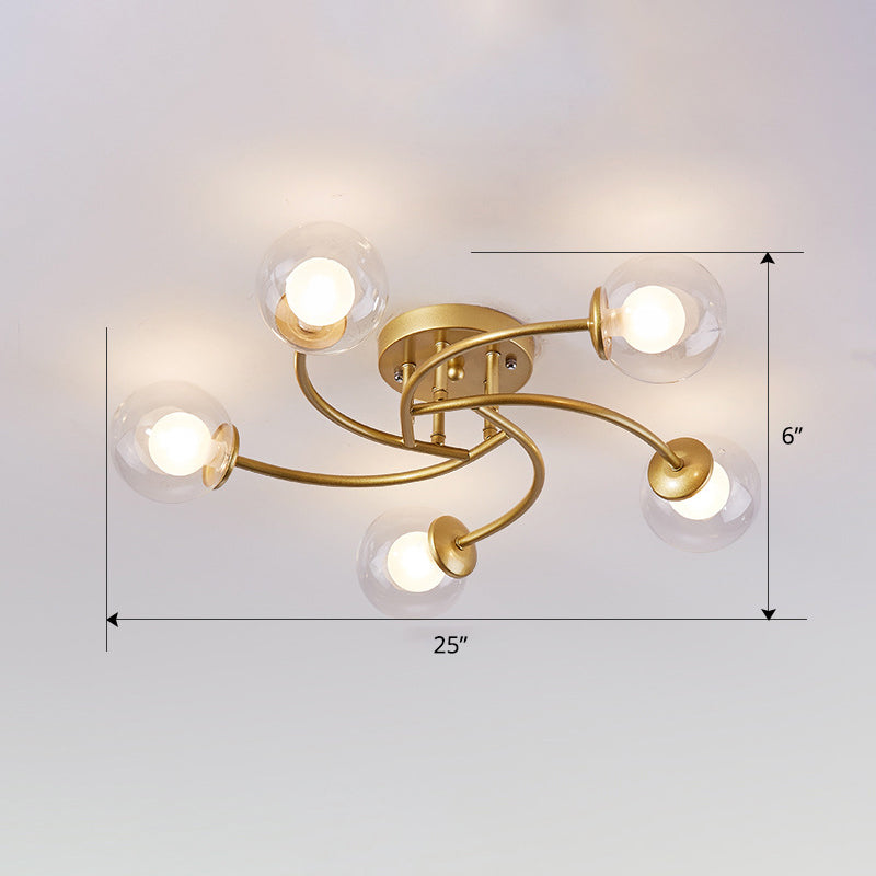 Swirled Metal Semi Flush Light Post-Modern Close to Ceiling Light with Ball Glass Shade