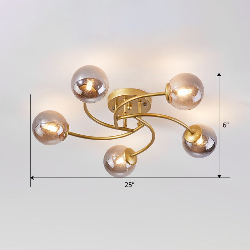 Swirled Metal Semi Flush Light Post-Modern Close to Ceiling Light with Ball Glass Shade