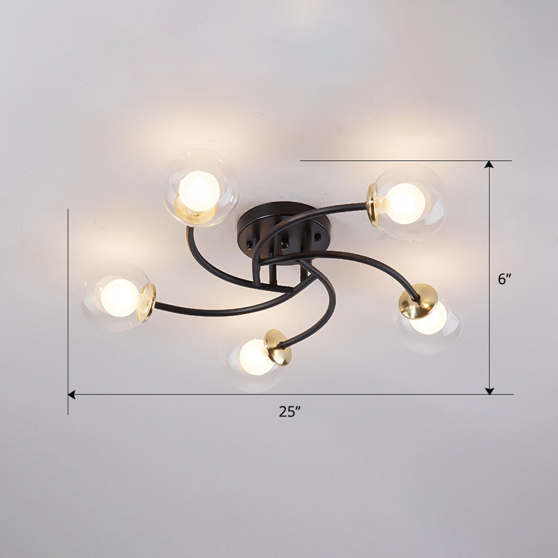 Swirled Metal Semi Flush Light Post-Modern Close to Ceiling Light with Ball Glass Shade