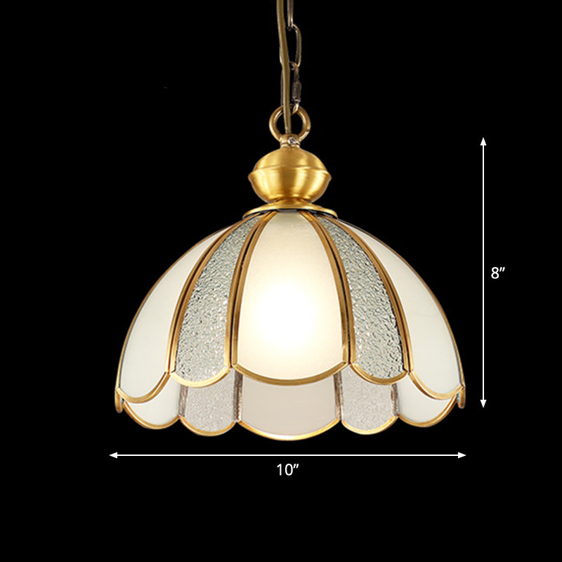 Traditional Scalloped Pendant Lighting Single-Bulb Frosted Glass Hanging Light in Gold