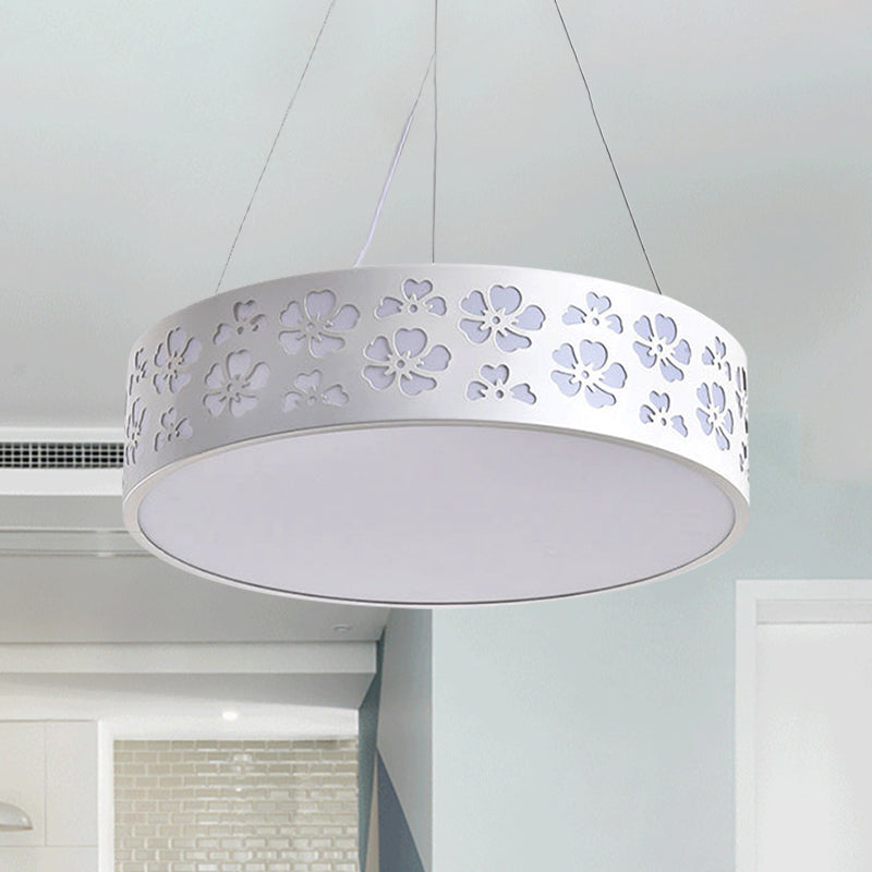 Drum Hanging Light Nordic Metal LED White Ceiling Light with Etched Flower in White/Warm/Natural Light, 12"/15"/19" Wide