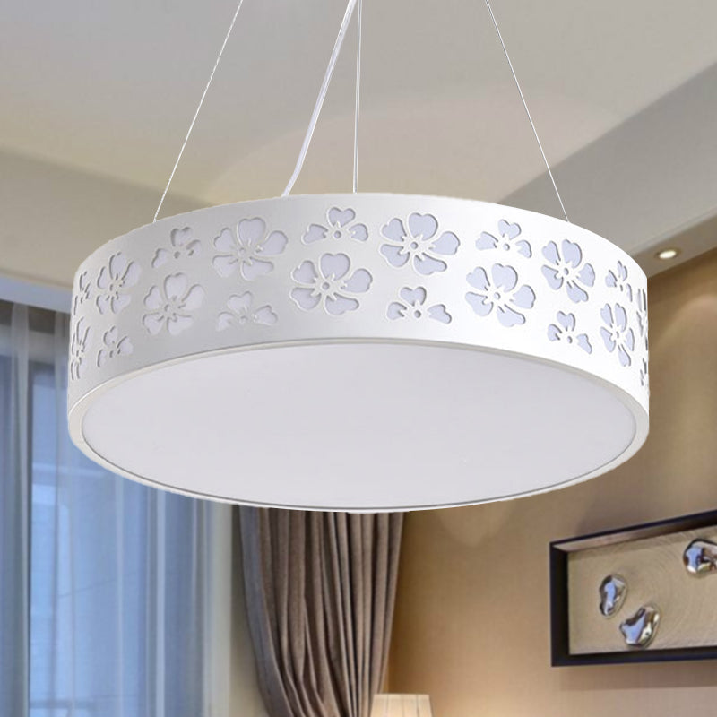 Drum Hanging Light Nordic Metal LED White Ceiling Light with Etched Flower in White/Warm/Natural Light, 12"/15"/19" Wide