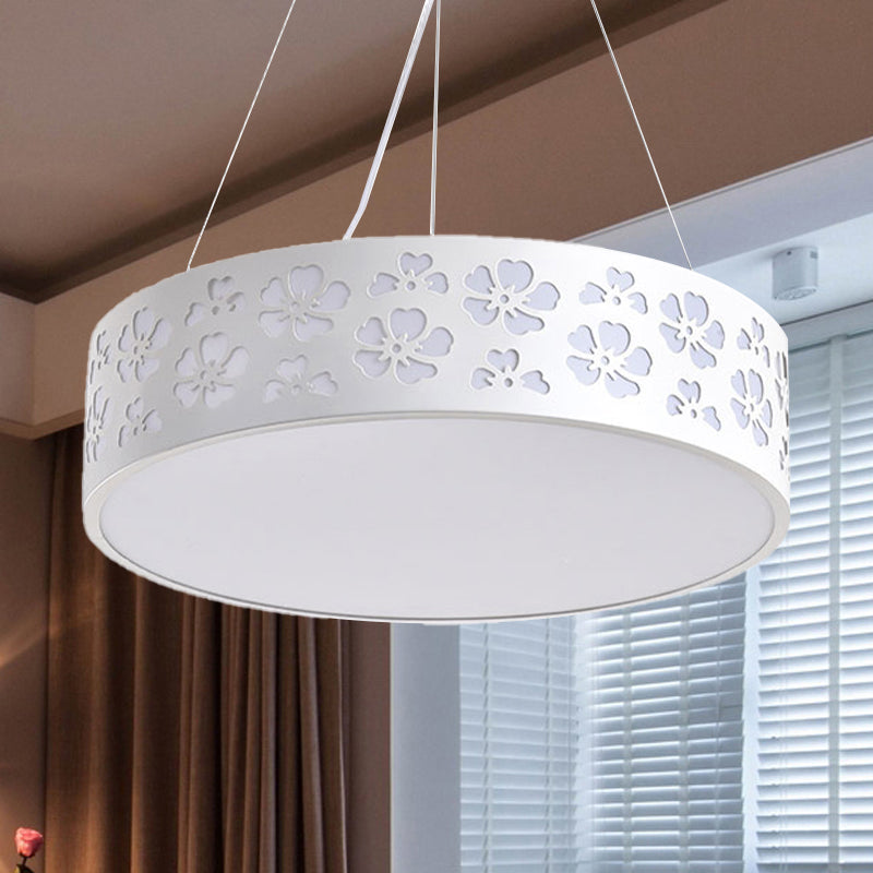 Drum Hanging Light Nordic Metal LED White Ceiling Light with Etched Flower in White/Warm/Natural Light, 12"/15"/19" Wide