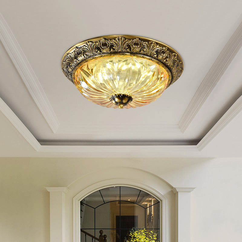 Antiqued Brass Bowl Ceiling Lamp Traditional Carved Glass Corridor Flush Mount Light Fixture