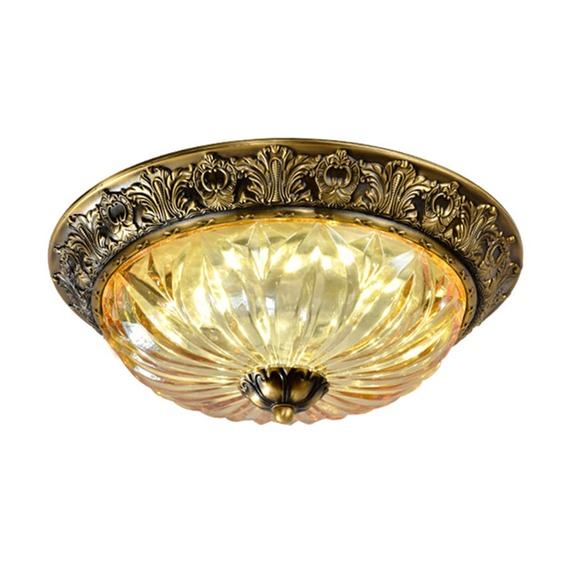 Antiqued Brass Bowl Ceiling Lamp Traditional Carved Glass Corridor Flush Mount Light Fixture