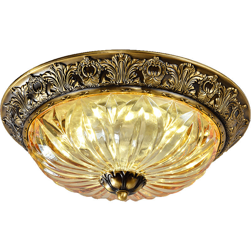 Antiqued Brass Bowl Ceiling Lamp Traditional Carved Glass Corridor Flush Mount Light Fixture