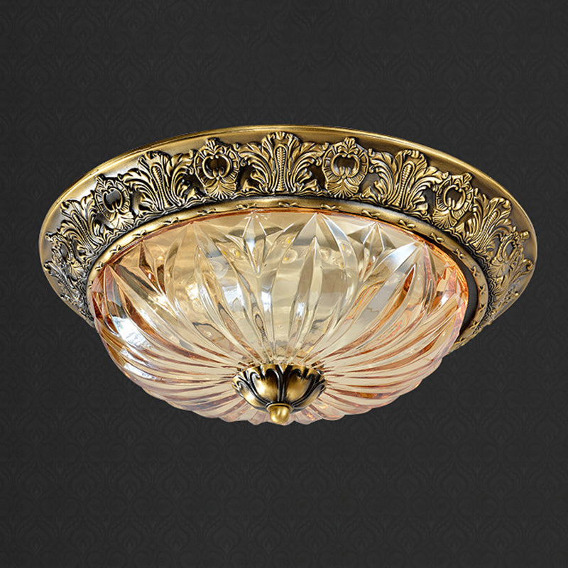 Antiqued Brass Bowl Ceiling Lamp Traditional Carved Glass Corridor Flush Mount Light Fixture