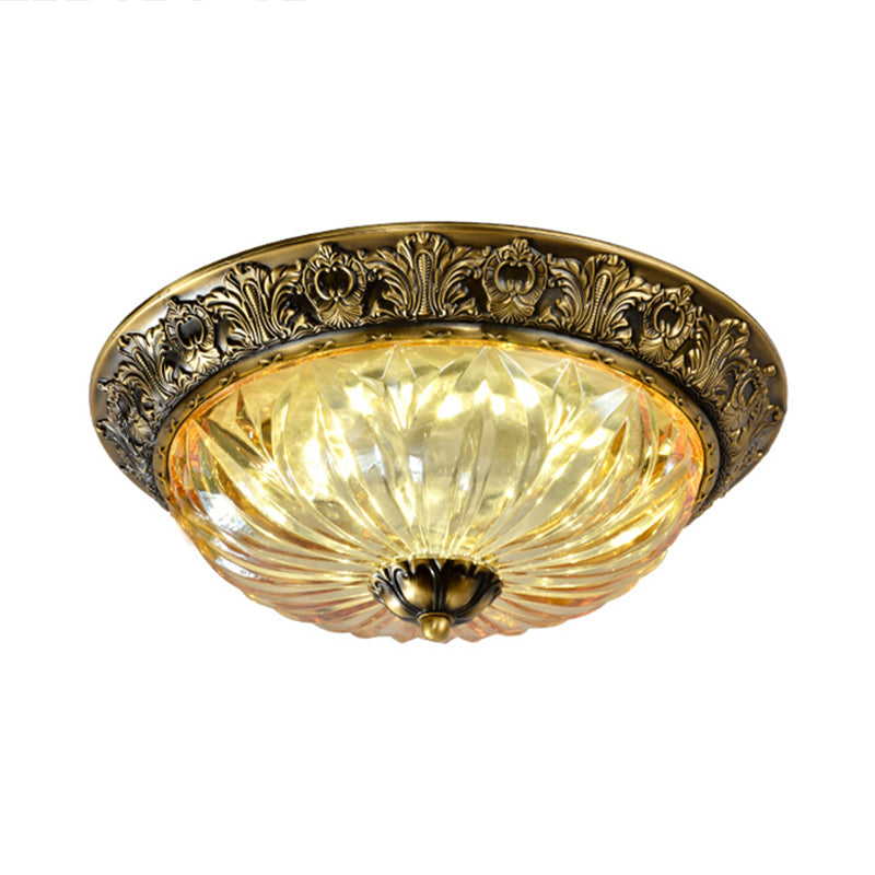 Antiqued Brass Bowl Ceiling Lamp Traditional Carved Glass Corridor Flush Mount Light Fixture