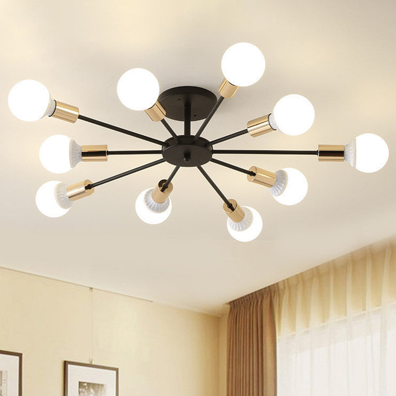 Black Radial Semi Mount Lighting Industrial Metal 10-Head Bedroom Flush Ceiling Light