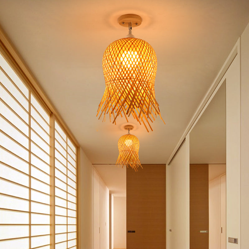 Käfigstil Aisle Semi Flush Light Bambus Single-Bulb Asian Decke Montiertes Licht in Holz