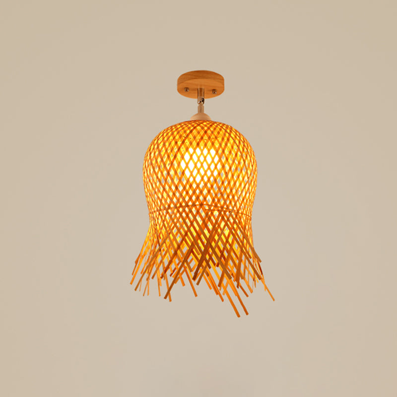 Cage Style Aisle Semi Flush Light Bamboo Single-Bulb Asian Ceiling Mounted Light in Wood