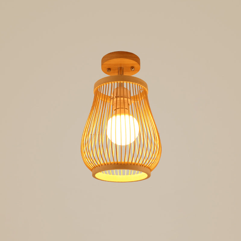 Cage Style Aisle Semi Flush Light Bamboo Single-Bulb Asian Ceiling Mounted Light in Wood