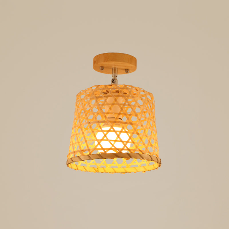 Cage Style Aisle Semi Flush Light Bamboo Single-Bulb Aziatisch plafond gemonteerd licht in hout