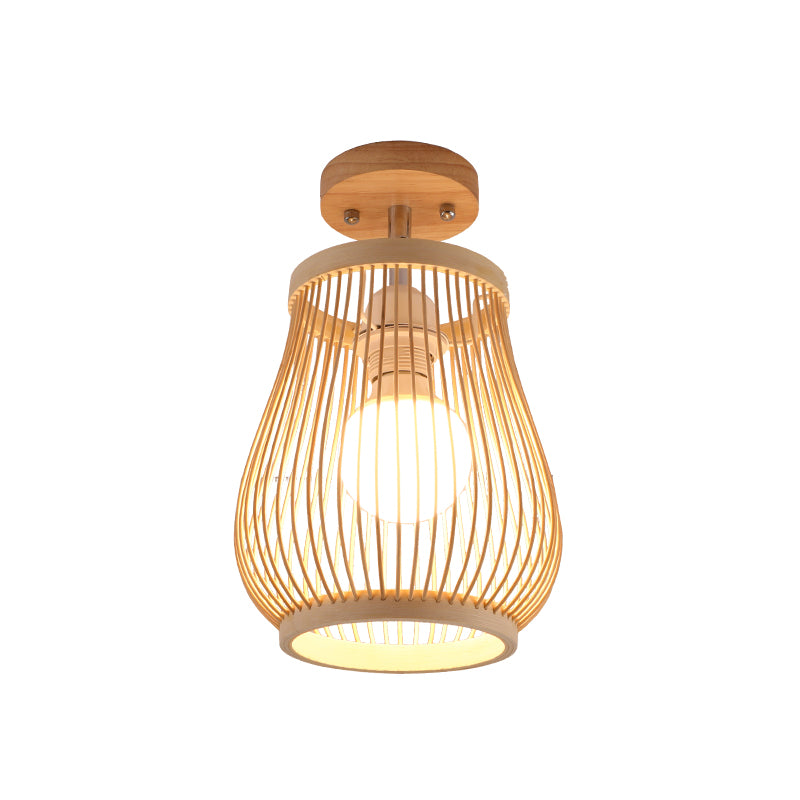 Cage Style Aisle Semi Flush Light Bamboo Single-Bulb Asian Ceiling Mounted Light in Wood