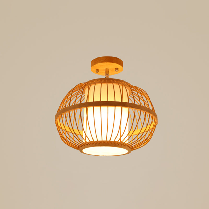 Cage Style Aisle Semi Flush Light Bamboo Single-Bulb Aziatisch plafond gemonteerd licht in hout