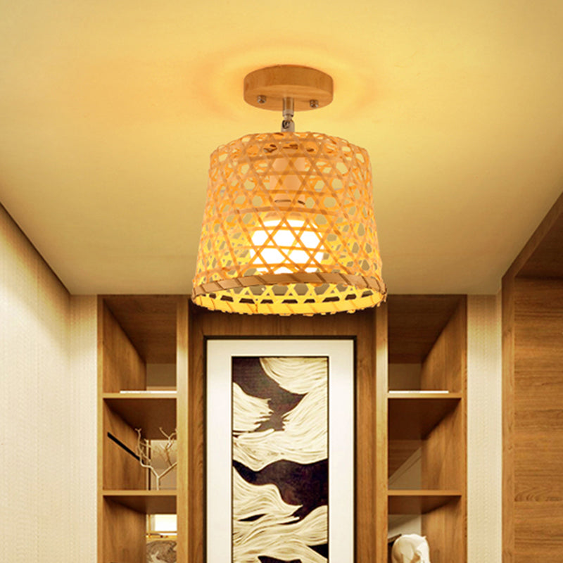 Cage Style Aisle Semi Flush Light Bamboo Single-Bulb Aziatisch plafond gemonteerd licht in hout