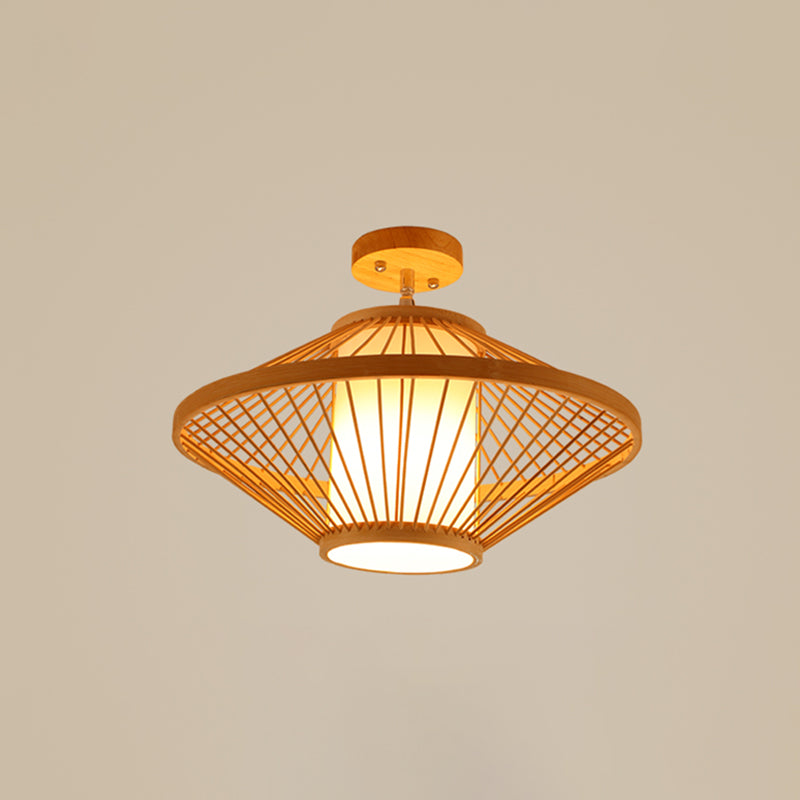 Käfigstil Aisle Semi Flush Light Bambus Single-Bulb Asian Decke Montiertes Licht in Holz