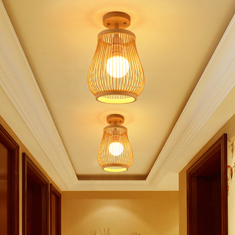 Cage Style Aisle Semi Flush Light Bamboo Single-Bulb Asian Ceiling Mounted Light in Wood