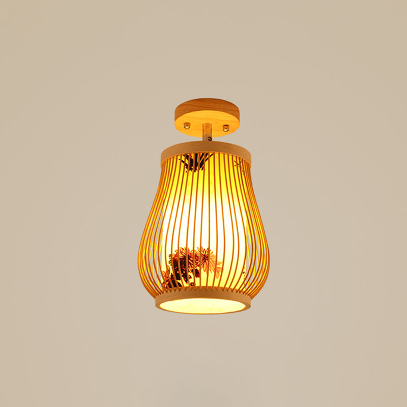 Cage Style Aisle Semi Flush Light Bamboo Single-Bulb Aziatisch plafond gemonteerd licht in hout