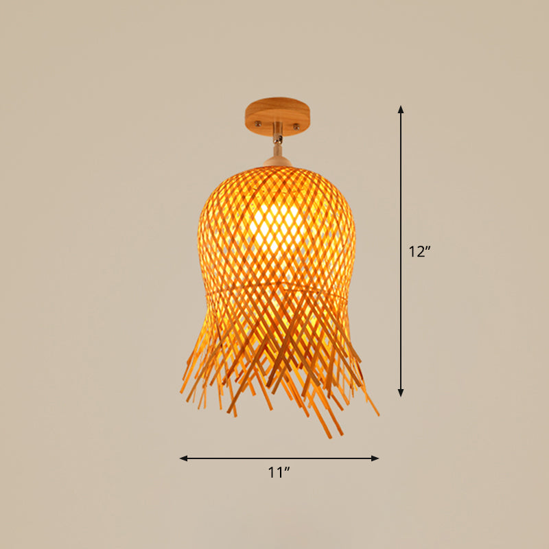 Cage Style Aisle Semi Flush Light Bamboo Single-Bulb Asian Ceiling Mounted Light in Wood