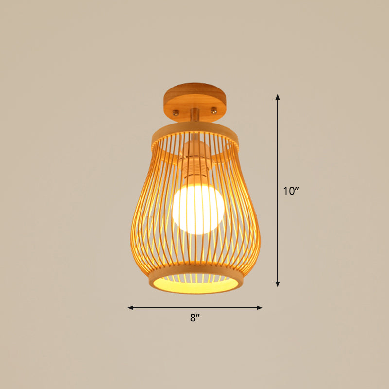 Käfigstil Aisle Semi Flush Light Bambus Single-Bulb Asian Decke Montiertes Licht in Holz