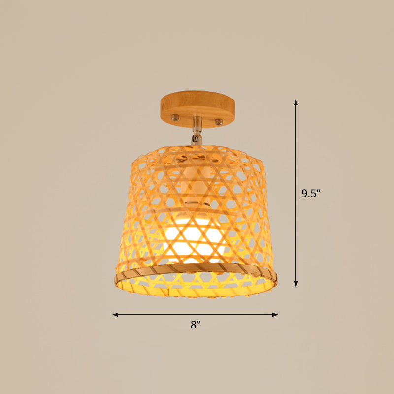 Cage Style Aisle Semi Flush Light Bamboo Single-Bulb Asian Ceiling Mounted Light in Wood