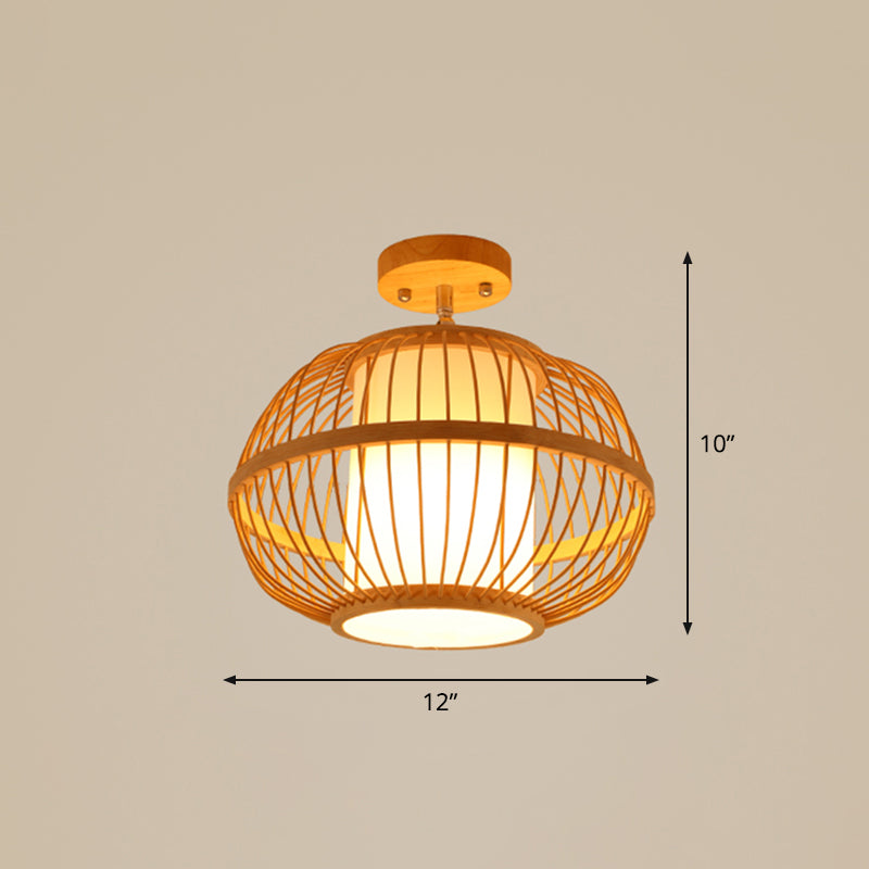 Cage Style Aisle Semi Flush Light Bamboo Single-Bulb Asian Ceiling Mounted Light in Wood