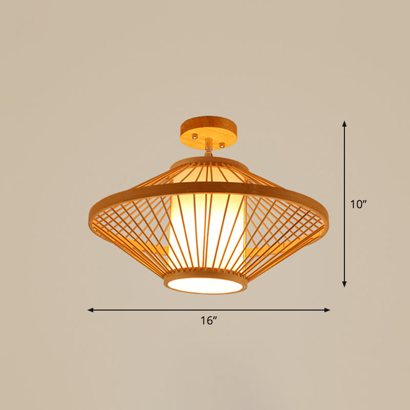 Cage Style Aisle Semi Flush Light Bamboo Single-Bulb Aziatisch plafond gemonteerd licht in hout