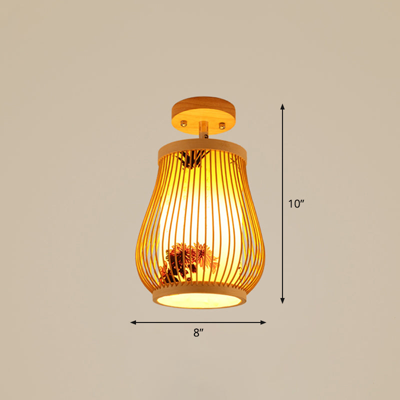 Cage Style Aisle Semi Flush Light Bamboo Single-Bulb Asian Ceiling Mounted Light in Wood