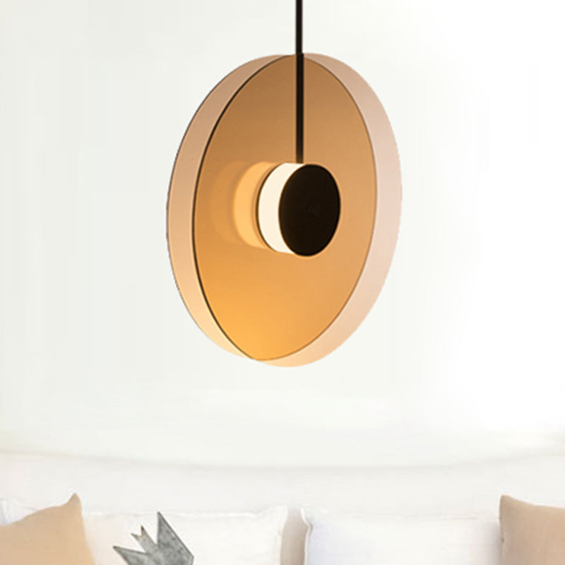 Amber Glass Disc Pendant Lighting with Horizontal/Vertical Design Modern 1 Light Led Hanging Lamp Fixture