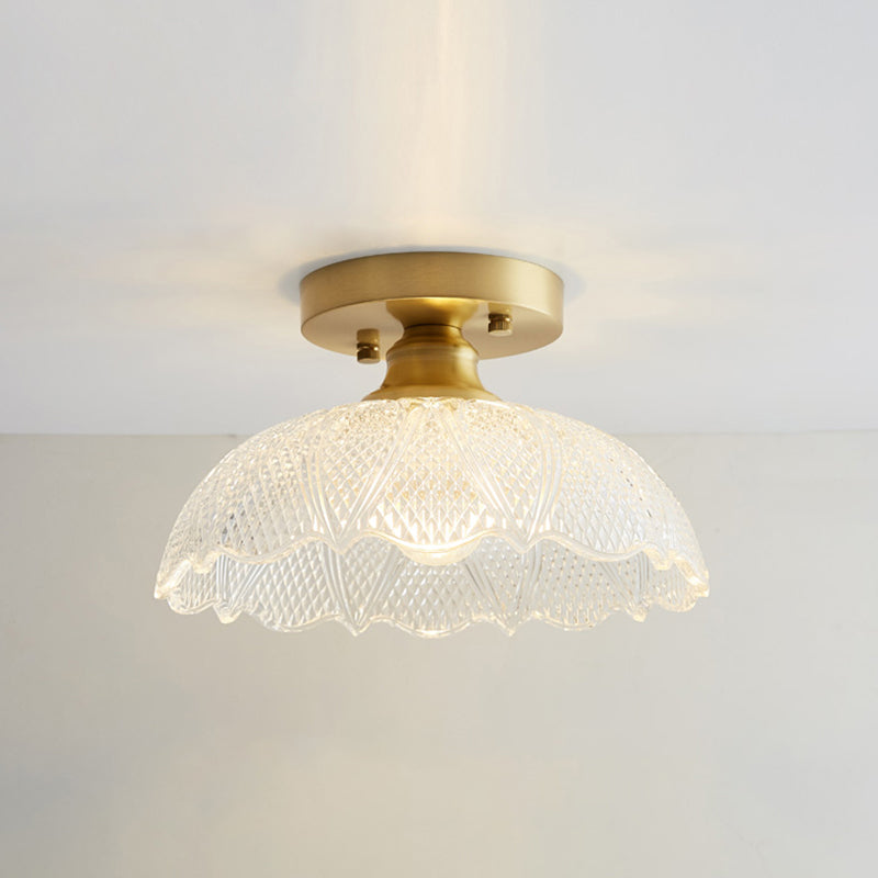 Small Glass Flush Ceiling Light Nautical 1 Bulb Corridor Semi Mount Lighting in Brass