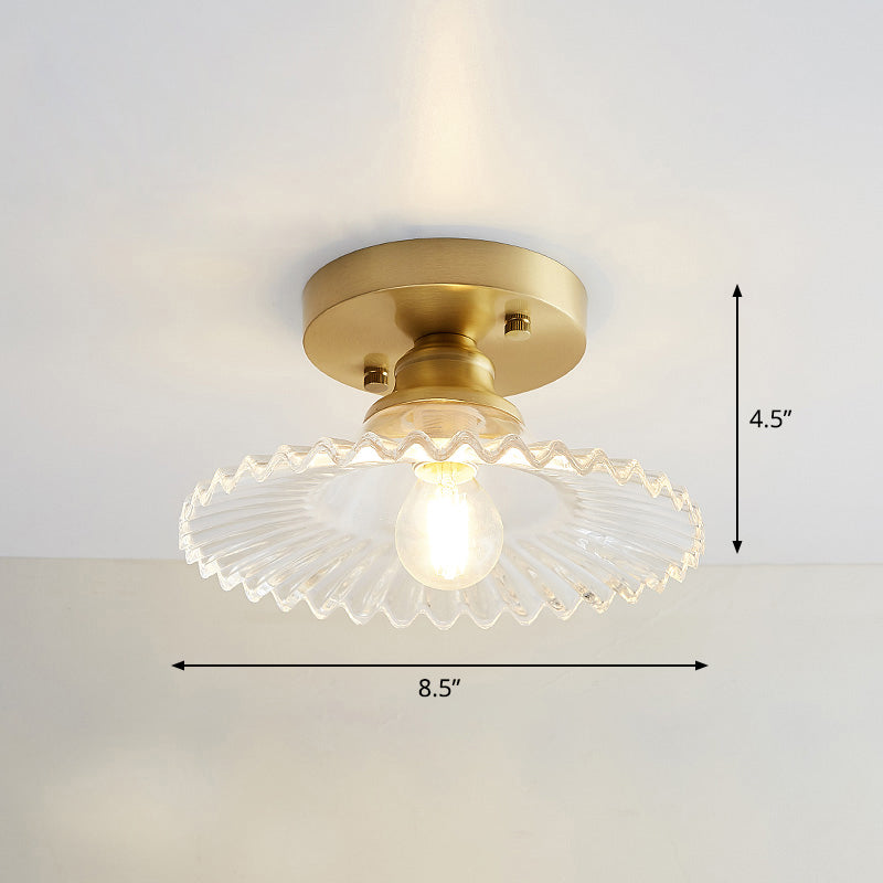 Small Glass Flush Ceiling Light Nautical 1 Bulb Corridor Semi Mount Lighting in Brass