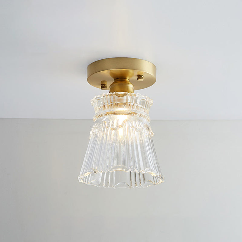 Small Glass Flush Ceiling Light Nautical 1 Bulb Corridor Semi Mount Lighting in Brass