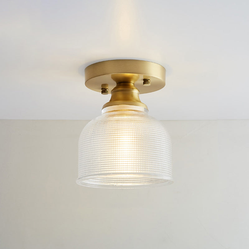 Small Glass Flush Ceiling Light Nautical 1 Bulb Corridor Semi Mount Lighting in Brass