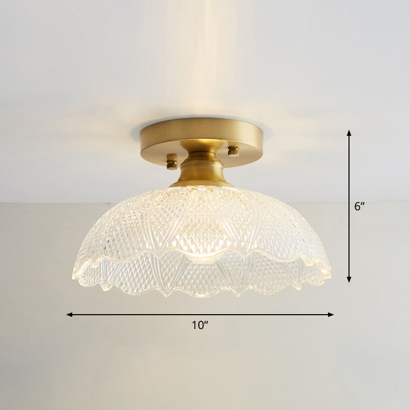 Small Glass Flush Ceiling Light Nautical 1 Bulb Corridor Semi Mount Lighting in Brass