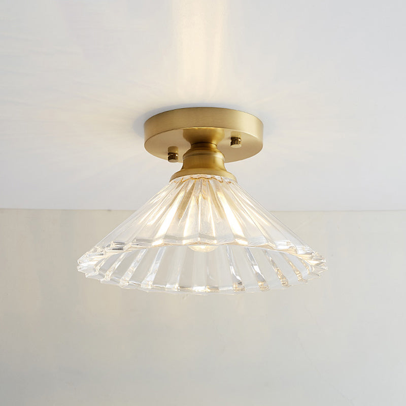 Small Glass Flush Ceiling Light Nautical 1 Bulb Corridor Semi Mount Lighting in Brass