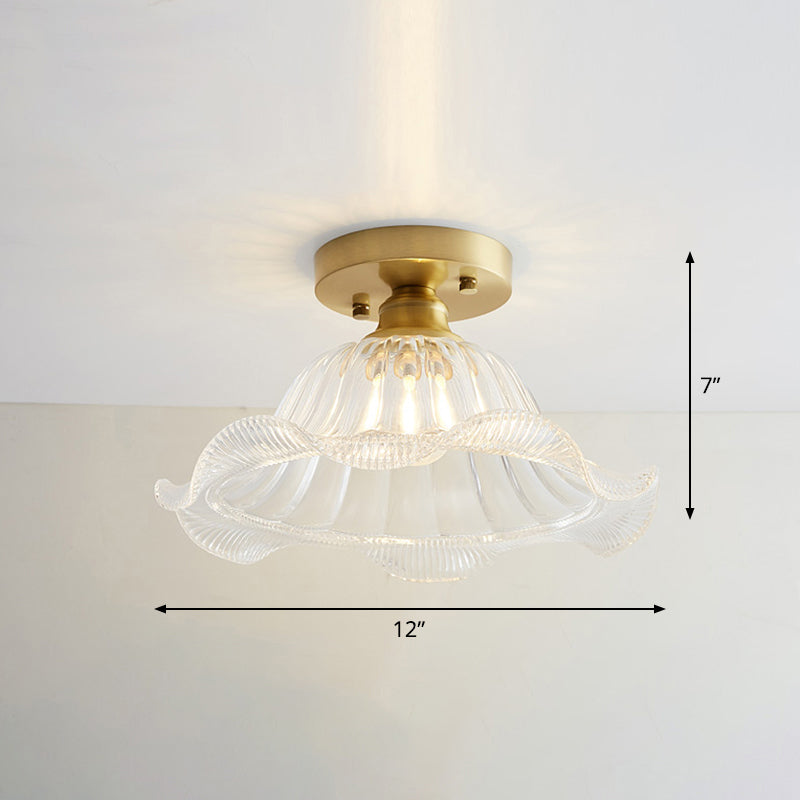 Small Glass Flush Ceiling Light Nautical 1 Bulb Corridor Semi Mount Lighting in Brass