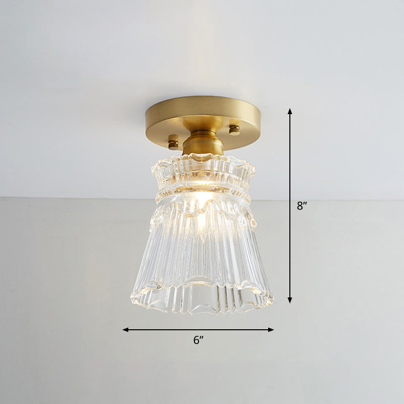 Small Glass Flush Ceiling Light Nautical 1 Bulb Corridor Semi Mount Lighting in Brass