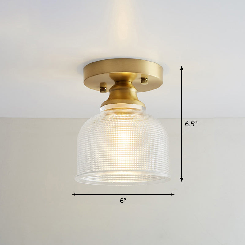 Small Glass Flush Ceiling Light Nautical 1 Bulb Corridor Semi Mount Lighting in Brass