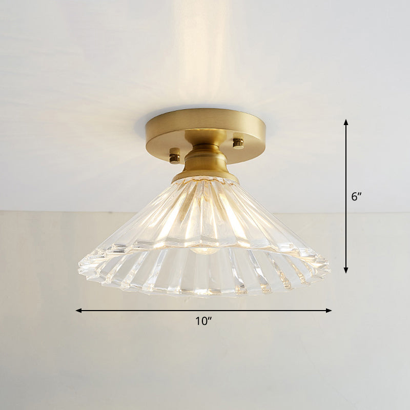 Small Glass Flush Ceiling Light Nautical 1 Bulb Corridor Semi Mount Lighting in Brass