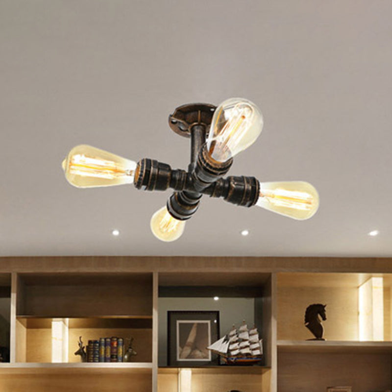 Steampunk Pipe Semi Flush Light Wrought Iron Close to Ceiling Light in Bronze for Living Room