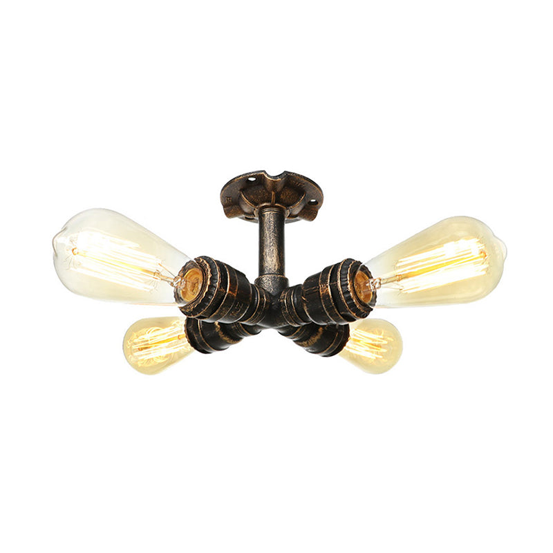 Steampunk Pipe Semi Flush Light Wrought Iron Close to Ceiling Light in Bronze for Living Room